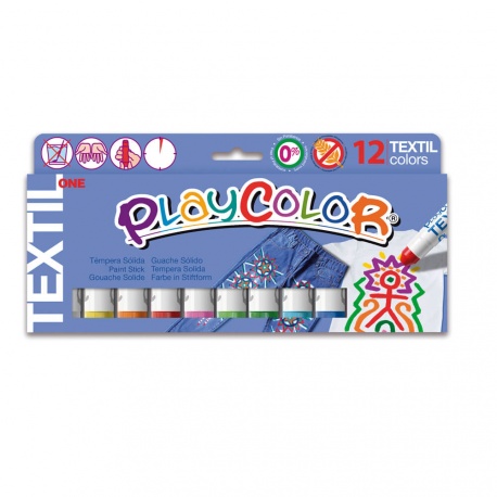 Sticks de Peinture Gouache Solide 10g - Playcolor Textil One - 12 couleurs assorties - 10461