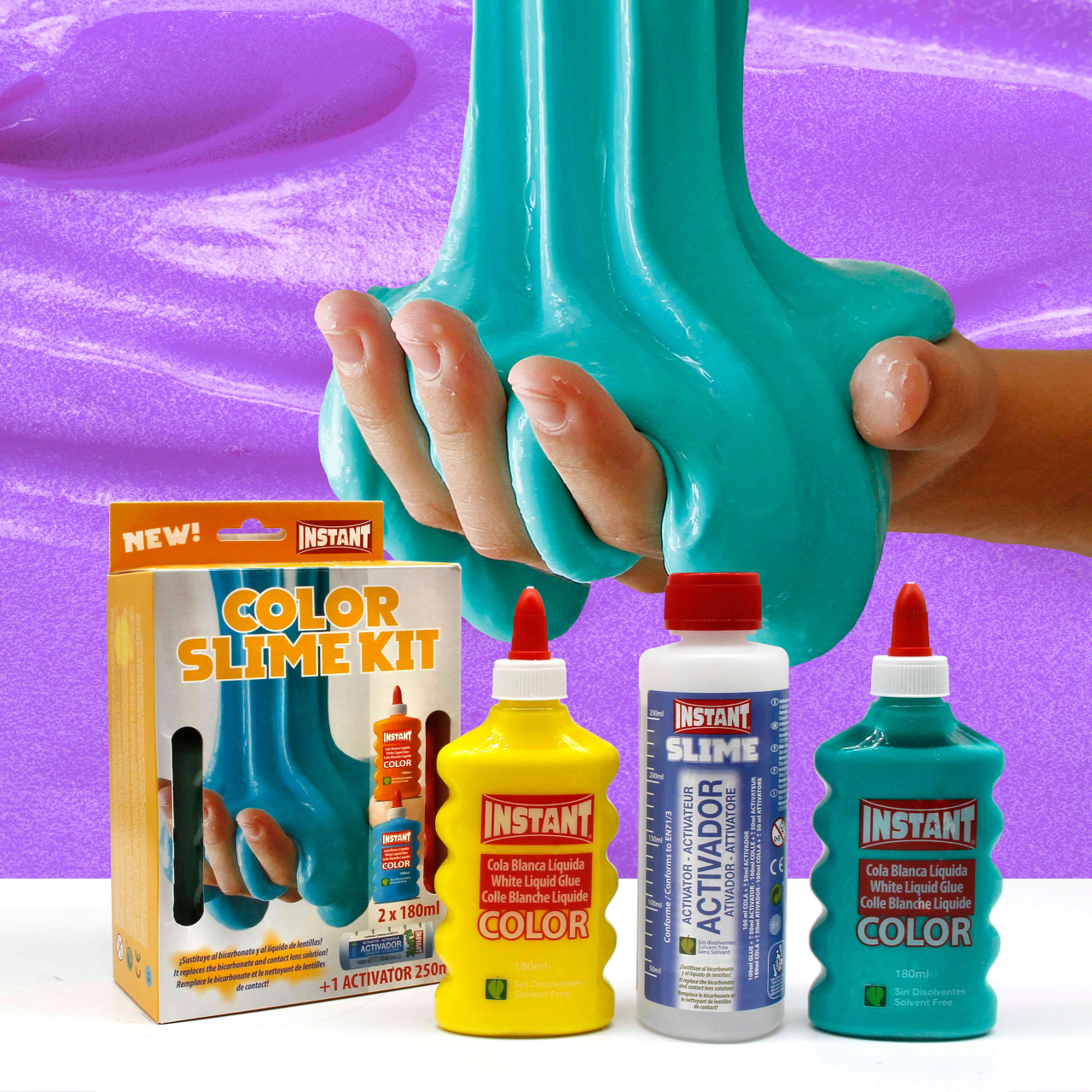 Mini kit Slime colle blanche couleur - 2 bidons de 180 ml. + 1 liquide  activateur magique 250 ml. - INSTANT